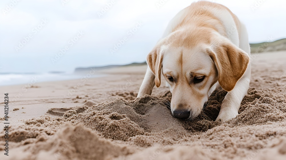 Poster playful labrador retriever exploring and digging in the sand at the serene beach with crashing waves