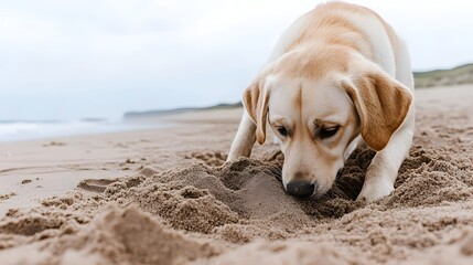 Playful Labrador Retriever Exploring and Digging in the Sand at the Serene Beach with Crashing Waves in the Background