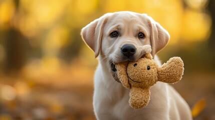 Adorable Labrador Retriever Puppy Holding a Toy in Its Mouth with Blank Copy Space Background Perfect for Product Placement or Text Overlay