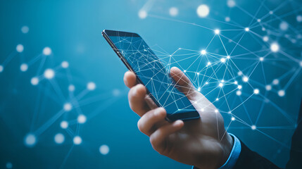 Businessman's hand using smartphone with network connection on blue background. Technology concept