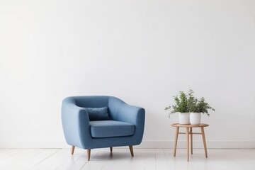 Blue armchair with wooden legs and side table in a white room