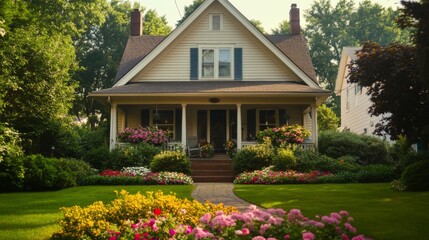 A close-up view of a charming house with a well-maintained garden, focusing on the front porch and blooming flowers nearby.