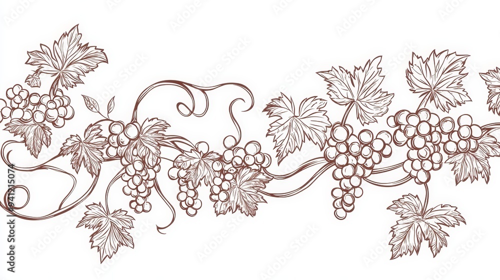 Wall mural floral grapevine ornament with thick line pattern featuring editable stroke, showcasing grape branch