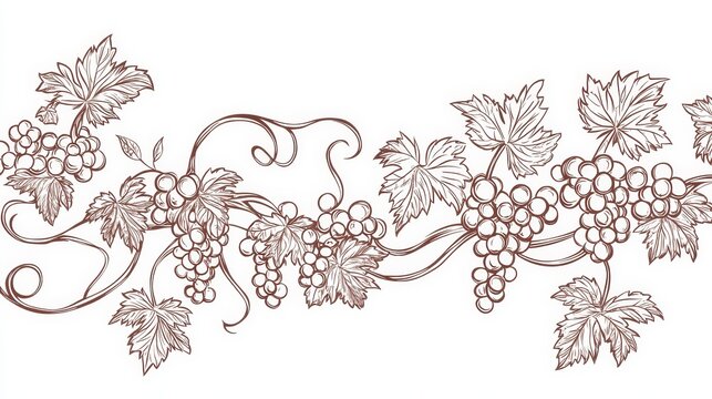 Floral grapevine ornament with thick line pattern featuring editable stroke, showcasing grape branches and leaves in vector format.