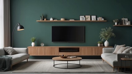 Modern Living Room with Green Walls, Wooden Furniture, and a Flat Screen TV