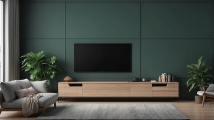 Modern living room with flat-screen TV, wooden entertainment center, and green walls.