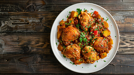 Chicken thighs and potatoes stew with herbs and spices served on a white plate on a dark wooden table