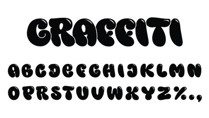 Classic bubble graffiti font. Hand drawn typeface, clean and simple shapes with outline and 3D effect. Vector illustration isolated on white background. Easy to use.