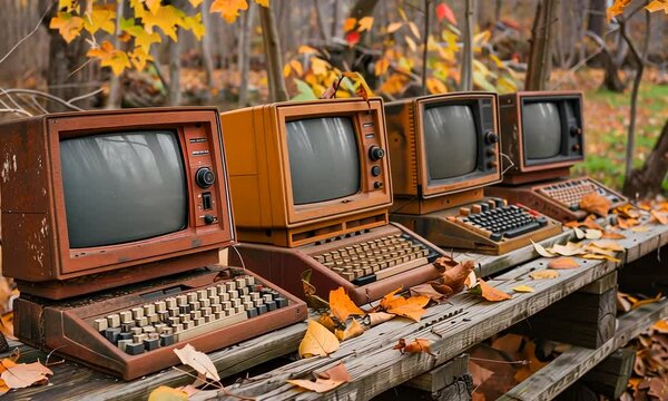 Amidst vibrant autumn foliage, four retro computers sit on a rustic wooden bench. The scene captures the charm of vintage tech blending with nature's beauty in a tranquil woodland