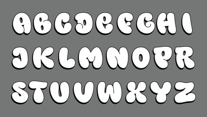 Retro bubble graffiti font. Hand drawn typeface, clean and simple shapes with outline and 3D effect. Each letter grouped and isolated on grey background