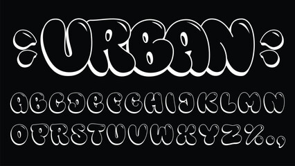 Classic bubble graffiti font. Hand drawn typeface, clean and simple shapes with outline and 3D effect. Vector illustration isolated on black background © Pavel Sevcov