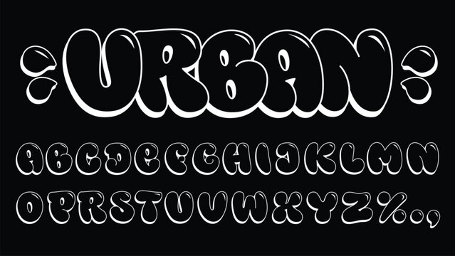 Classic bubble graffiti font. Hand drawn typeface, clean and simple shapes with outline and 3D effect. Vector illustration isolated on black background