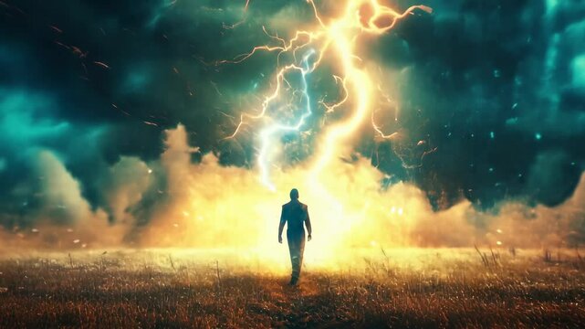 Silhouette of a person standing under a dramatic sky with a powerful blue lightning strike illuminating dark storm clouds