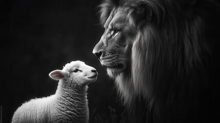 majestic lion and gentle lamb side by side in dramatic black and white portrait powerful contrast symbolizing peace and unity © julija