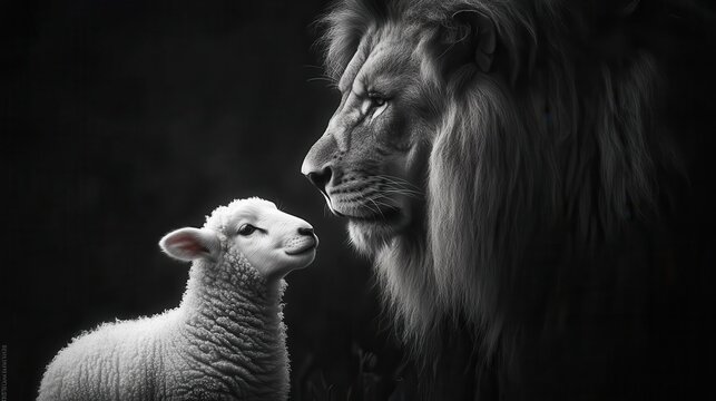 majestic lion and gentle lamb side by side in dramatic black and white portrait powerful contrast symbolizing peace and unity