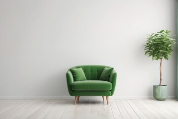 Green Armchair in a Minimalist Living Room with a Plant