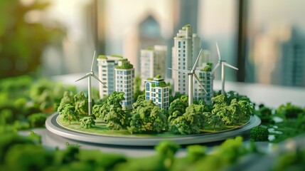 A miniature urban landscape featuring eco-friendly buildings and wind turbines.