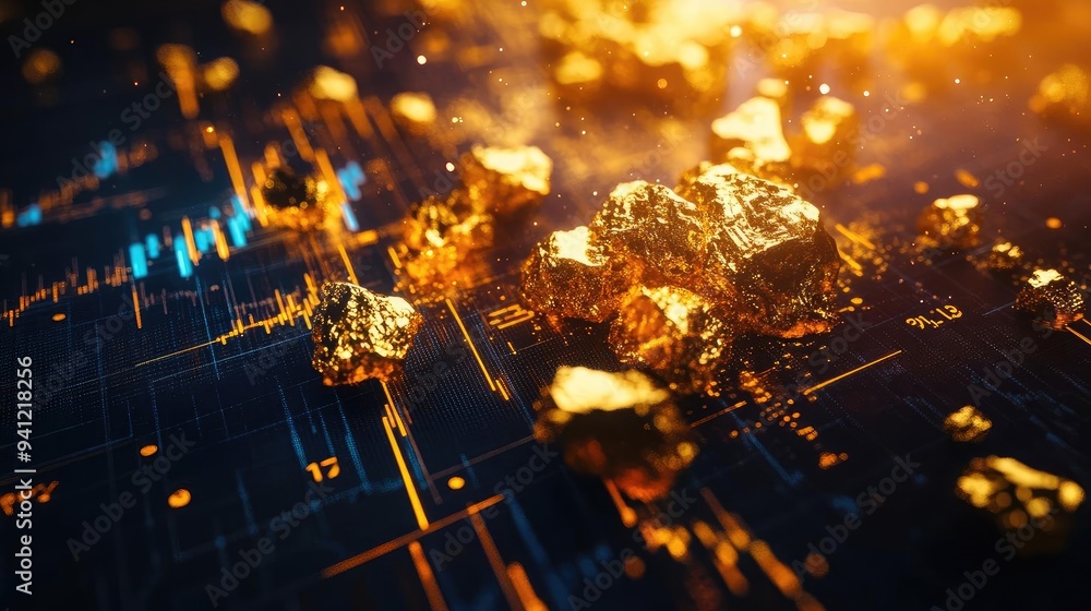 Poster glittering gold nuggets illuminated by soft light over a digital background, representing wealth and