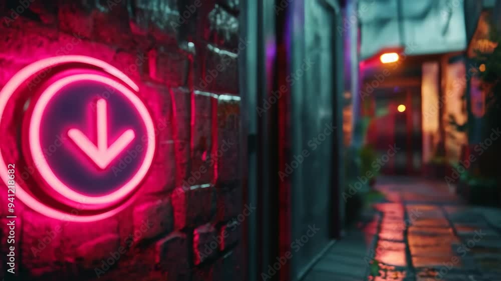 Poster glowing red neon power button embedded in a dark wet surface with reflections