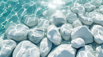 A serene view of smooth white stones under clear water, reflecting sunlight.