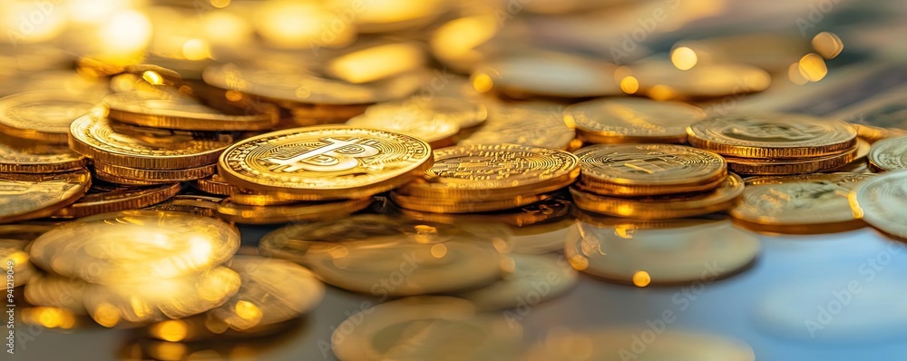 Poster a close-up view of golden coins scattered on a surface, reflecting light in a warm and inviting atmo