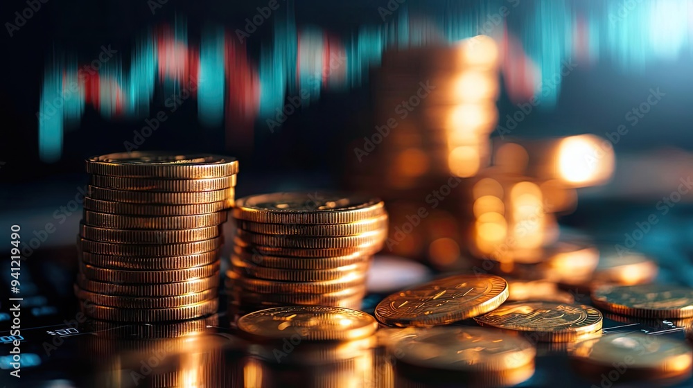 Poster golden coins stacked on a table with a blurred financial graph in the background, symbolizing invest