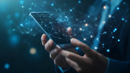 Businessman's hand using smartphone with network connection on blue background. Technology concept