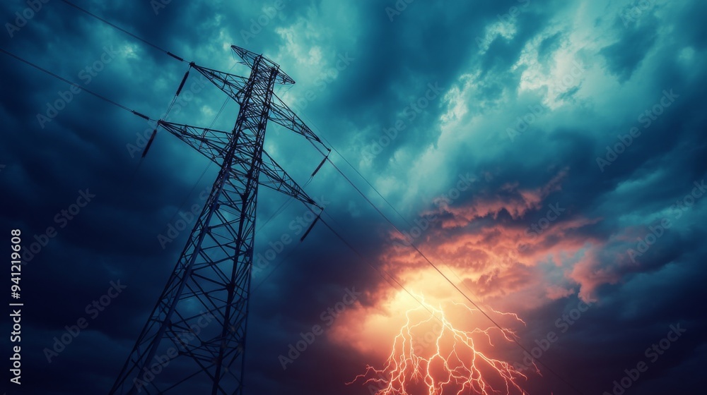 Poster a detailed image of a high-voltage electrical tower with its metal framework and power lines, set ag