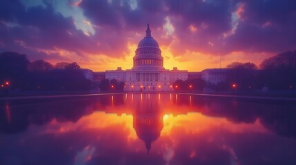 Obraz premium majestic us capitol building at dusk dramatic stormy sky golden hour lighting reflecting pool mirroring iconic dome symbol of democracy and power