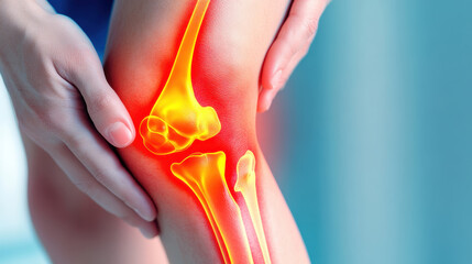 Visualization of knee joint pain with highlighted bones and ligaments, illustrating medical condition and discomfort in the joint area
