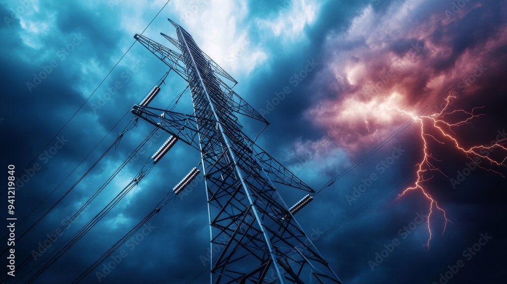 Poster a detailed image of a high-voltage electrical tower with its metal framework and power lines, set ag