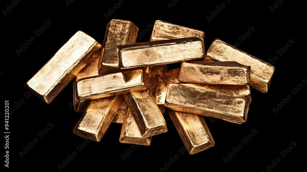 Poster a collection of gleaming gold bars stacked artistically on a black background, symbolizing wealth an
