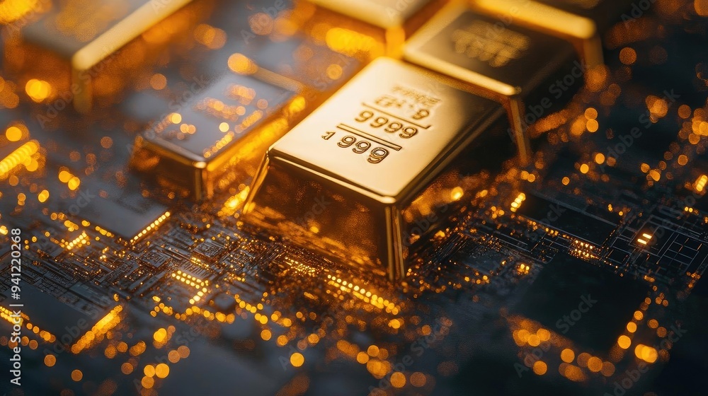 Poster close-up of golden bars resting on a futuristic electronic circuit, reflecting innovation and wealth