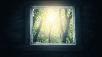 Fototapeta premium Peaceful sunlight streams through a window, illuminating a serene forest scene filled with lush greenery and gentle tree silhouettes.