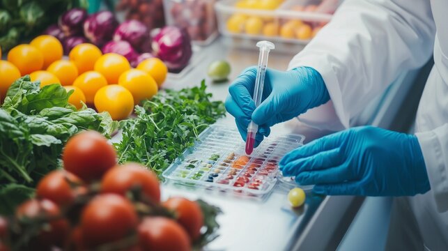 Scientist conducting food sensitivity test with fresh produce and lab equipment. Food intolerance.
