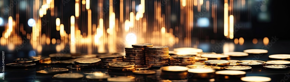 Poster A mesmerizing scene of scattered coins reflecting light, symbolizing prosperity and wealth in a dynamic financial environment.