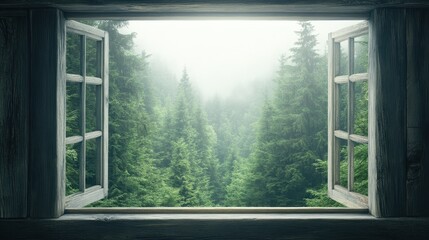 A serene view of a misty forest through an open window, inviting tranquility and a connection with nature.