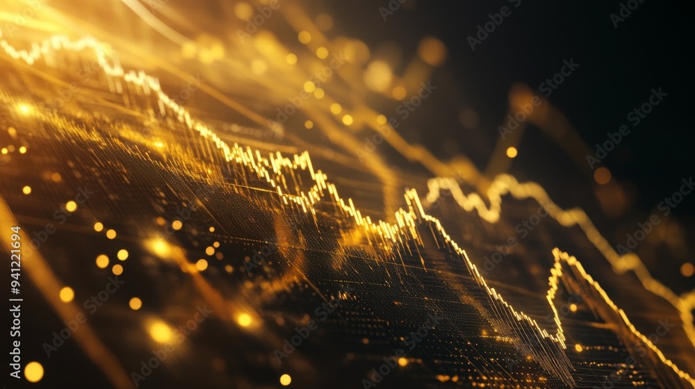 Aufkleber A detailed shot of a 3D line graph illustrating stock market performance, with golden lines and data points creating a sleek and modern financial visualization.