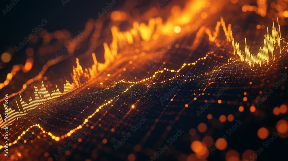 Aufkleber A detailed shot of a 3D line graph illustrating stock market performance, with golden lines and data points creating a sleek and modern financial visualization.