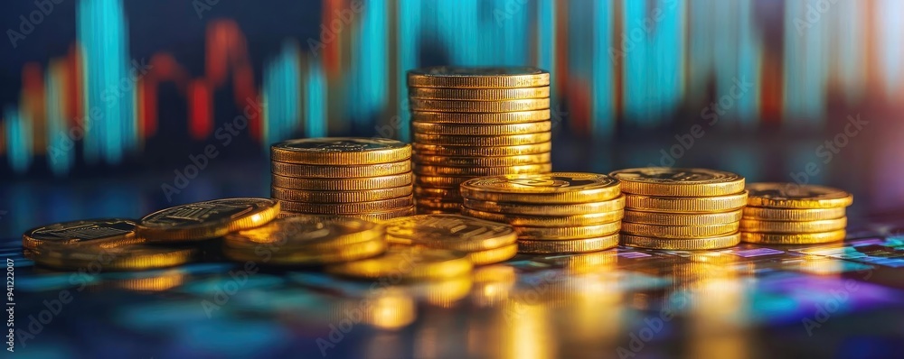 Poster A close-up of stacked gold coins with a colorful, blurred graph background representing finance and investment growth.