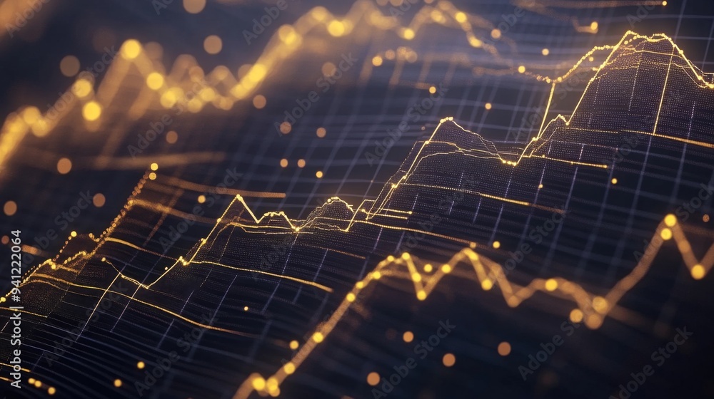 Poster A detailed shot of a 3D line graph illustrating stock market performance, with golden lines and data points creating a sleek and modern financial visualization.