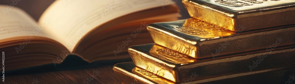 Poster A stack of gold bars beside an open book, symbolizing wealth and knowledge in a harmonious arrangement.