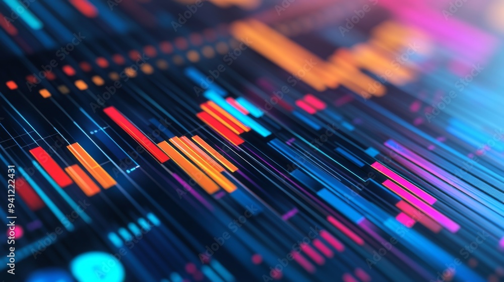 Aufkleber A detailed shot of a 3D stacked column graph with multiple layers and segments, illustrating the breakdown of financial data across different categories and time periods.