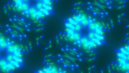 Abstract grainy sci-fi background 16:9 8K. Glowing kaleidoscopic pattern of cyan light green royal blue particles on black backdrop, mirror effect. Grunge texture. Space futuristic illustration, cover