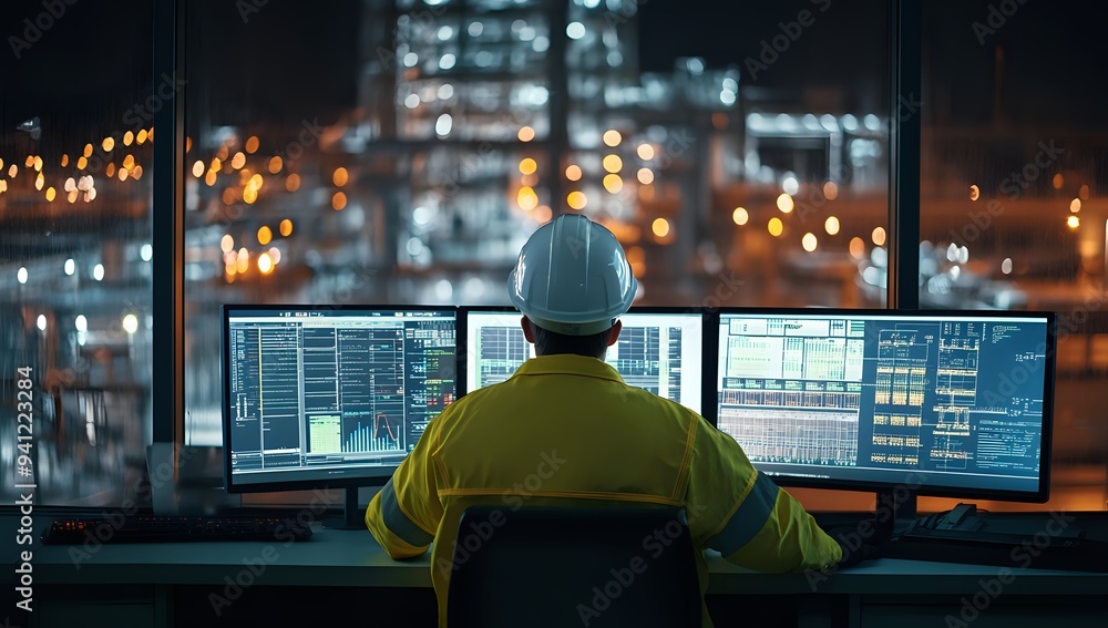 Poster monitoring industrial processes with computer systems at night