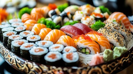 A detailed shot of a beautifully arranged sushi platter with various rolls and garnishes, presented on a decorative serving dish.