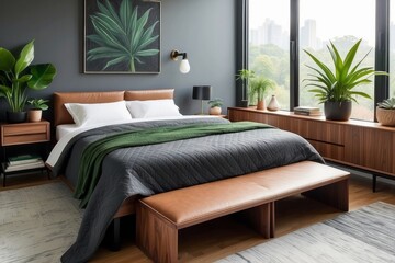 Modern Bedroom Interior with a Green Blanket and a Wooden Bench