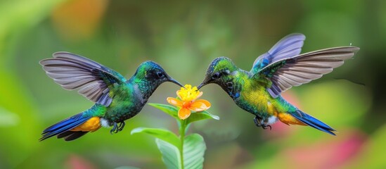 Fototapeta premium Two Colorful Hummingbirds Hovering Near a Vibrant Flower