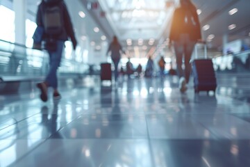Blurred people in motion in airport terminal