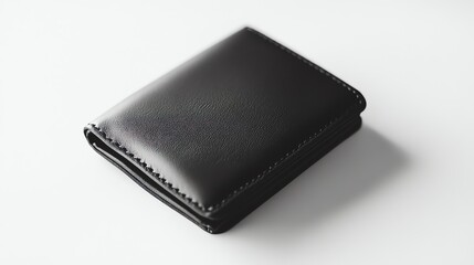 A closed black leather wallet on a white background.